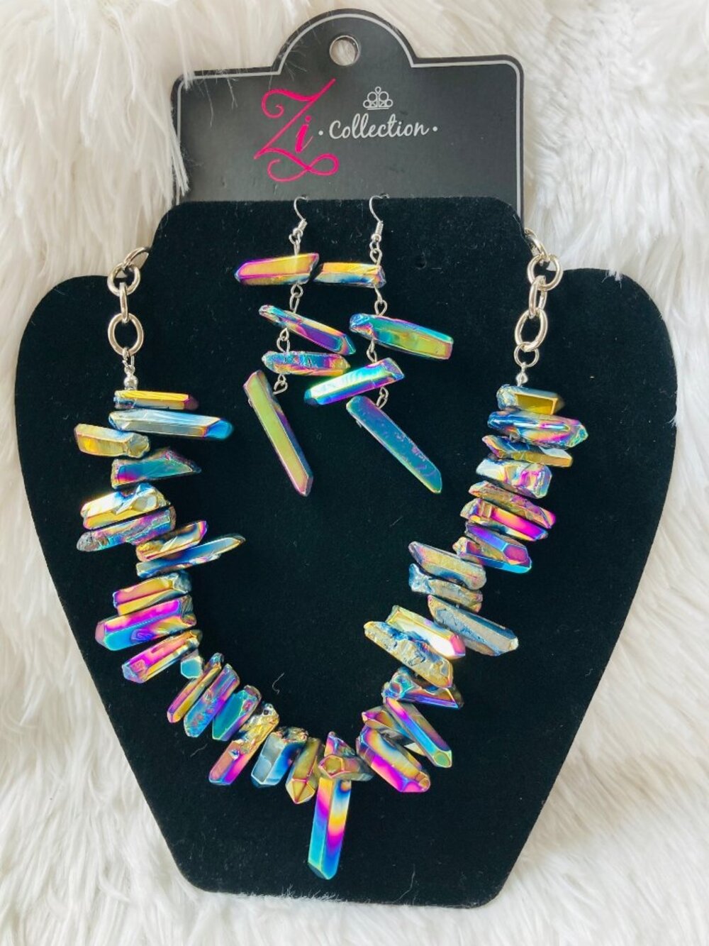 Zi Collection Multicolor Iridescent Stone Necklace & Earrings Set